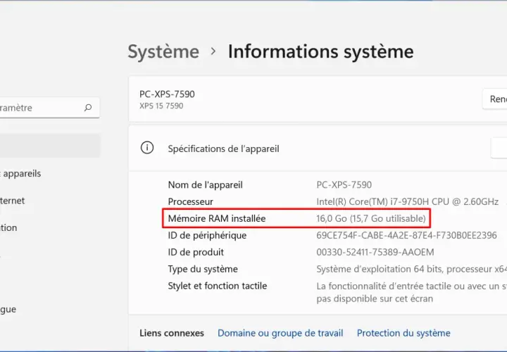 Informations système affichant la mémoire RAM installée : 16 Go. Vérification après avoir tenté d'installer RAM.