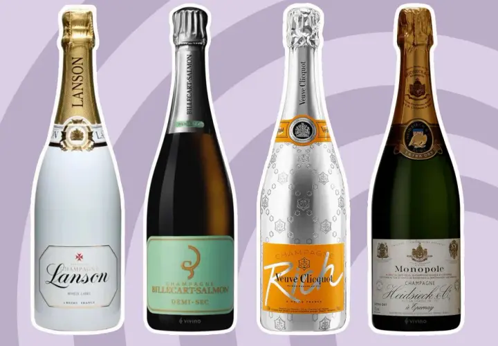 Cztery butelki szampana: Lanson, Billecart-Salmon Demi-Sec, Veuve Clicquot Rich i Heidsieck & Co Monopole. Idealne na okazję, gdy szukasz dobre wino musujące słodkie.