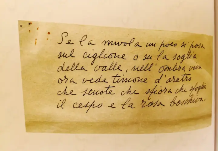 Scrittura a mano su carta ingiallita: "Se la nuvola un poco si posa sul ciglione o su la soglia della valle, nell'ombra viva ora vede timone d'aratro che scuote che sfiora che sfoglia il cespo e la rosa boschiva." Un piccolo lucio.