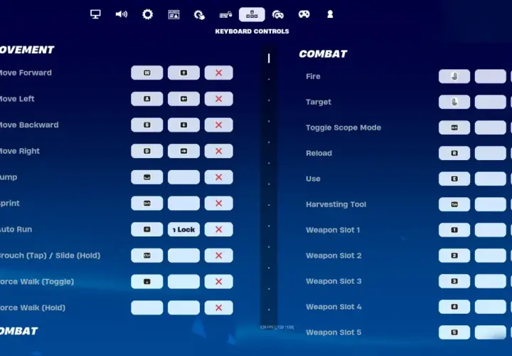 Paramètres clavier pour Fortnite : mouvement (WASD, Espace, Shift) et combat (clic gauche, clic droit, R, E, Tab, 1-5).