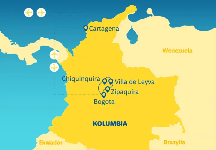 Mapa Kolumbii z zaznaczonymi miastami: Cartagena, Chiquinquira, Villa de Leyva, Zipaquira, Bogota. Widać też sąsiednie kraje: Ekwador, Wenezuela, Brazylia.