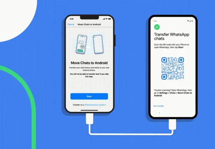Instrukcja jak przenieść WhatsApp na nowy telefon. Dwa telefony połączone kablem, jeden z opcją "Move Chats to Android", drugi z kodem QR.