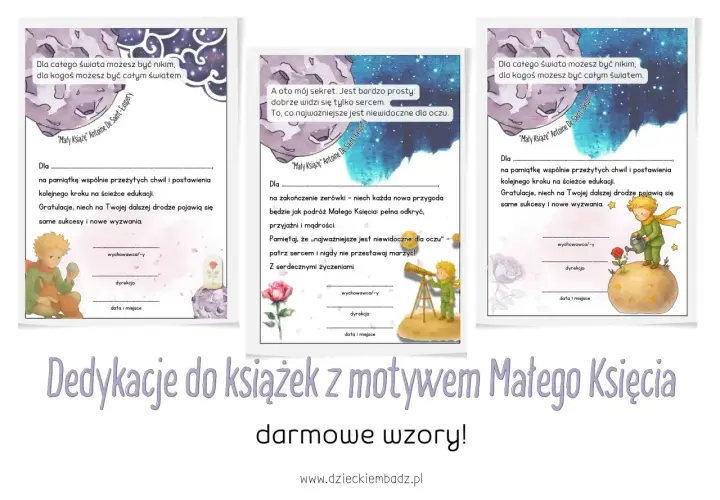 Dedykacja do książki na ślub z Małym Księciem. Wzory z cytatami i miejscem na wpisanie życzeń.