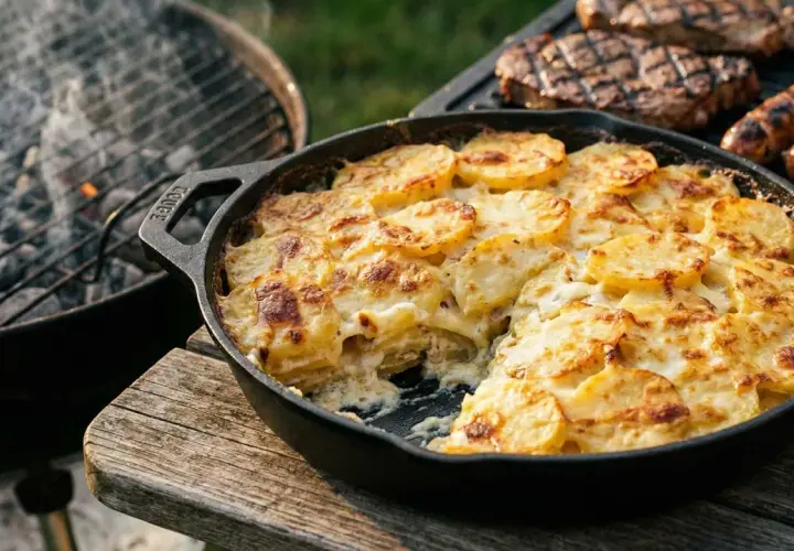 Herzhaftes Kartoffelgratin im Gusseisen, daneben gegrillte Steaks und Würstchen. Ein perfektes Kartoffelgratin Rezept für den Sommer.