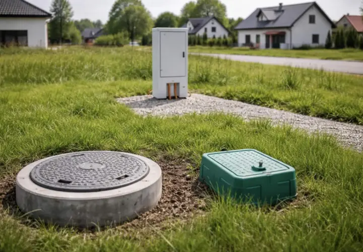 Działka z przyłączami i domami w tle. Nieruchomość gruntowa z infrastrukturą techniczną.