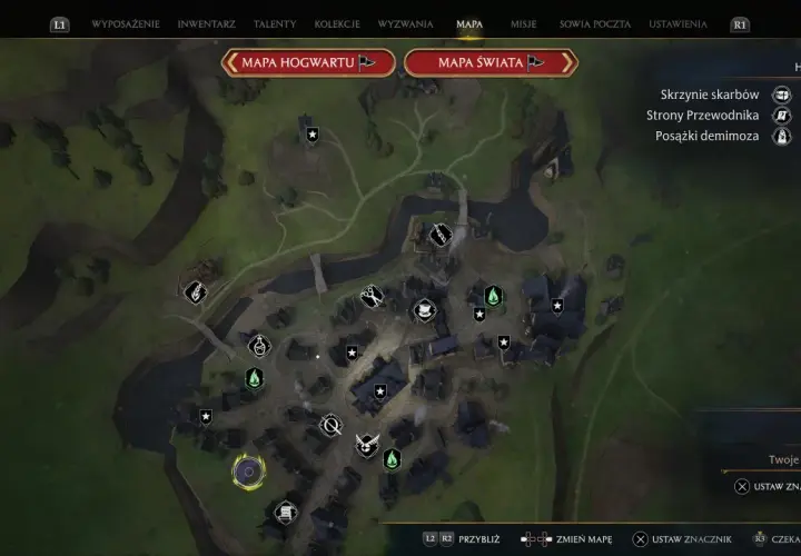 Mapa Hogsmeade z zaznaczonymi ikonami miejsc, postępami w zbieraniu stron przewodnika i skrzyń skarbów.