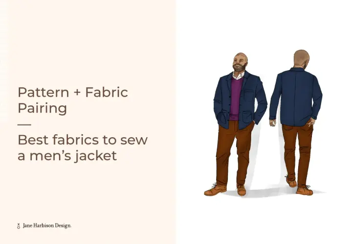 Illustration of men's jacket fabric types, showing front and back views of a man in a navy jacket, purple sweater, and brown pants.