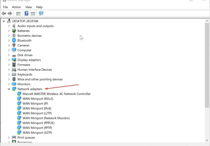 Menedżer urządzeń pokazuje "Network adapters" - klucz do tego, jak przyspieszyć wifi na laptopie.