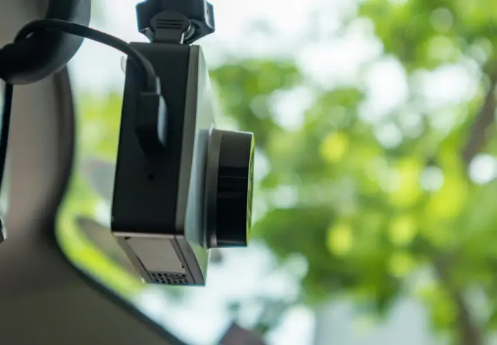Kamera samochodowa z widocznym obiektywem i kablem. Dowiedz się, jak ustawić g-sensor, aby chronić nagrania w razie wypadku.