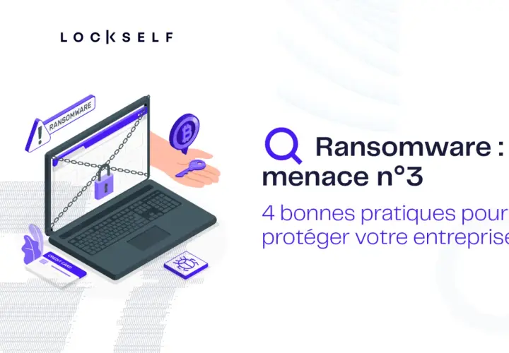Un ordinateur portable cadenas, une clé et un symbole Bitcoin illustrent la menace du ransomware as a service. 4 bonnes pratiques pour protéger votre entreprise.