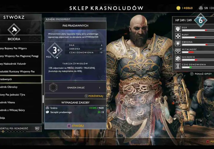 Kratos w grze God of War przegląda ekwipunek w sklepie Krasnoludów, analizując statystyki Pasa Pradawnych.