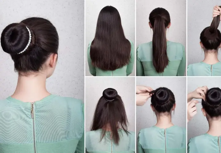 Pasos para crear un moño alto elegante. Cabello recogido en coleta, enrollado y asegurado con horquillas.