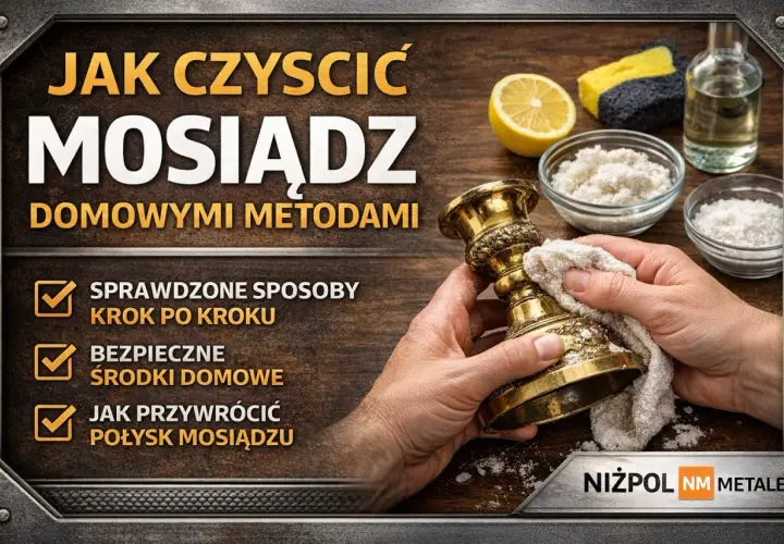 Czyszczenie mosiądzu domowymi metodami. Dłonie polerują ozdobny świecznik, używając ściereczki i domowych środków.