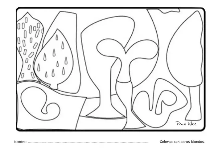 Dibujo para colorear de Paul Klee para niños, con formas abstractas y orgánicas listas para darles vida con colores.