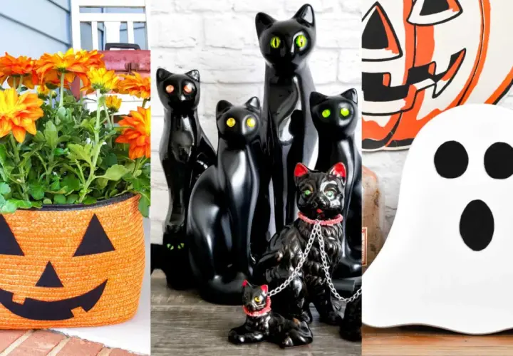 Charming Halloween decorations on the cheap: a jack-o'-lantern planter, a coven of black cats, and a friendly ghost.