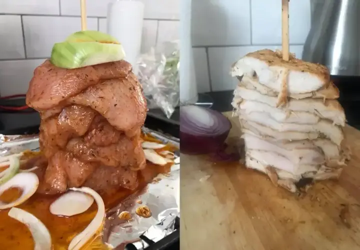 Dwa etapy przygotowania: surowy kurczak na szpikulcu z cebulą i gotowy, pokrojony kebab. Idealne, by dowiedzieć się, jak odgrzać kebaba.