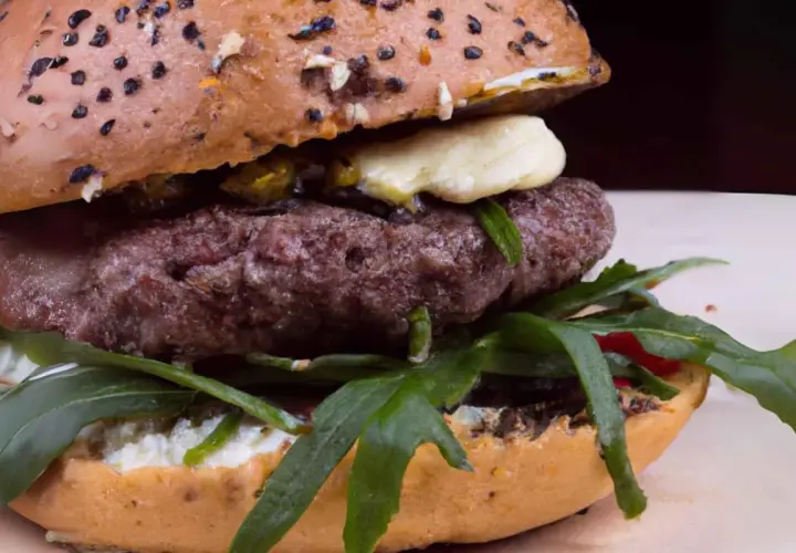 Un délicieux burger agneau, garni de roquette fraîche et d'une sauce crémeuse, prêt à être dégusté.