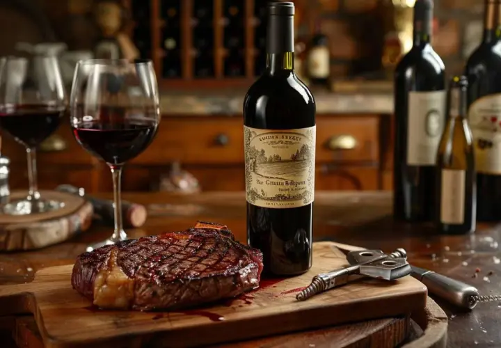 Un succulent roti de boeuf grillé, prêt à être dégusté avec un verre de vin rouge.