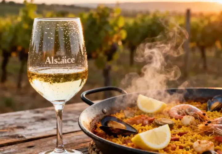 Verre de vin blanc frais et paella fumante aux fruits de mer, avec des vignes en arrière-plan au coucher du soleil.