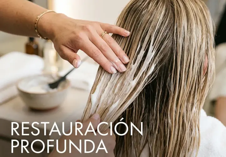 Manos aplicando mascarilla para el cabello, ideal para saber como recuperar el pelo quemado y lograr una restauración profunda.