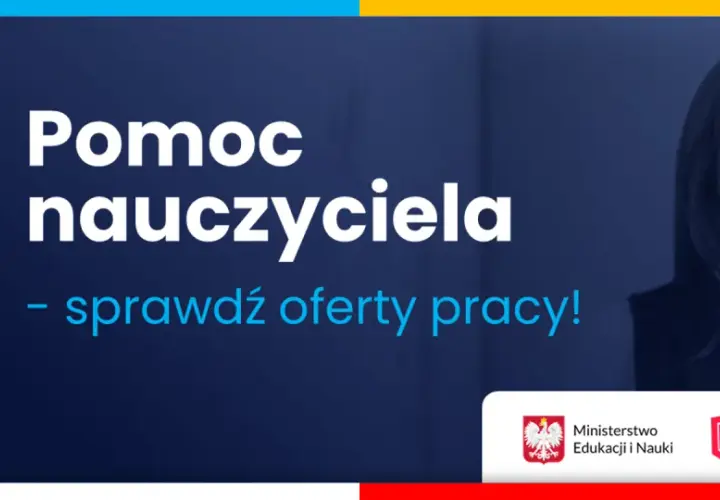 Pomoc nauczyciela: sprawdź oferty pracy! Grafika z ikoną dokumentu i pióra, uśmiechnięta kobieta, logo Ministerstwa Edukacji i Nauki oraz GovTech Polska.