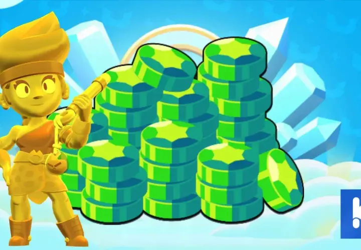 Złota postać z gry Brawl Stars stoi obok stosów zielonych klejnotów. Szukasz kodów QR do Brawl Stars na gemy?