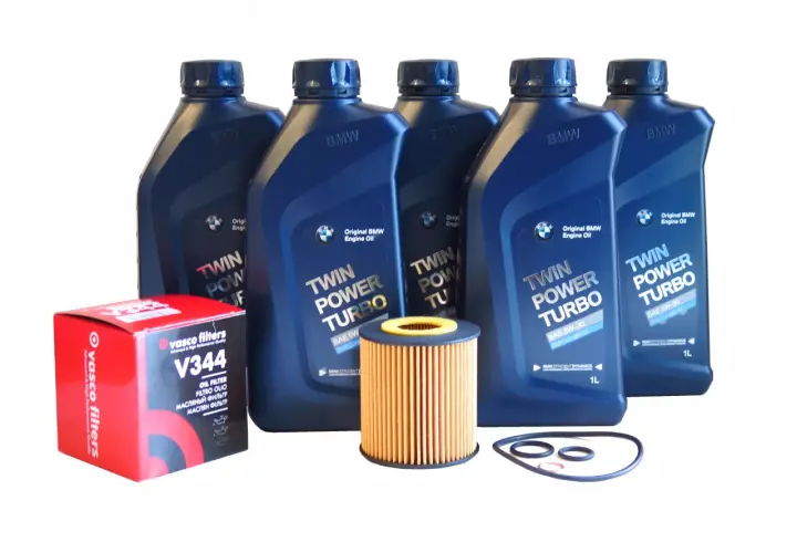 Butelki oleju silnikowego BMW Twin Power Turbo, filtr oleju Vasco Filters V344 i uszczelki.