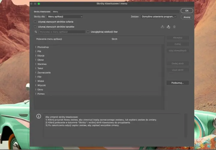 Okno dialogowe "Skróty klawiszowe i menu" w Photoshopie, gdzie można dostosować skróty klawiszowe.