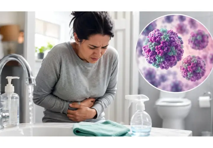 Donna con dolori addominali, immagine di virus e bagno. Quanto dura la gastroenterite?