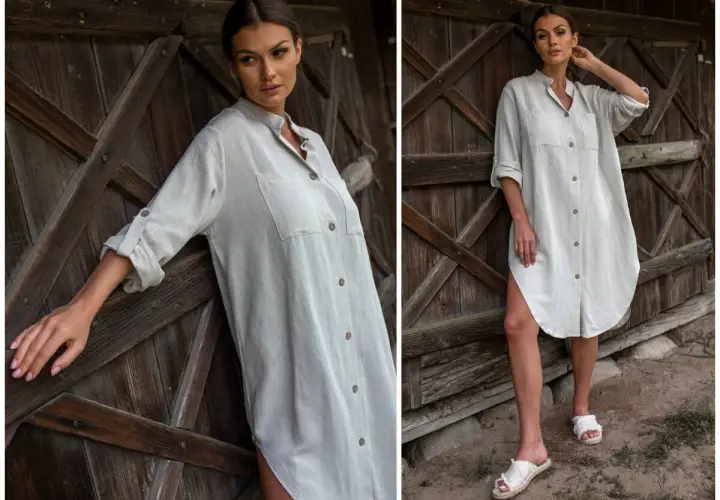Kobieta w lnianej szmizjerce, co to za styl? Luźna, wygodna sukienka koszulowa w naturalnym kolorze, idealna na lato.
