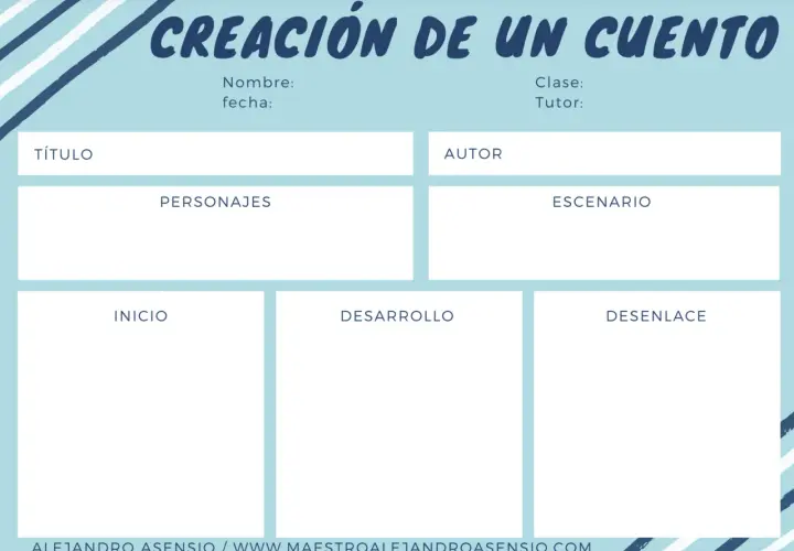 Plantilla cuento primaria para organizar ideas: título, personajes, escenario, inicio, desarrollo y desenlace.