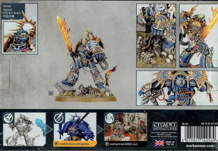 Roboute Guilliman w złotej zbroi z płonącym mieczem, gotowy do walki. Obok warianty malowania i sceny bitewne.