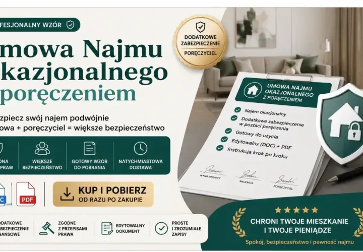 Profesjonalny wzór umowy najmu okazjonalnego z poręczeniem. Zabezpiecz swój najem podwójnie.