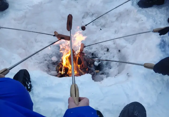 Ludzie pieką kiełbaski nad ogniskiem zimą. Płomienie tańczą, a śnieg otacza ciepło.