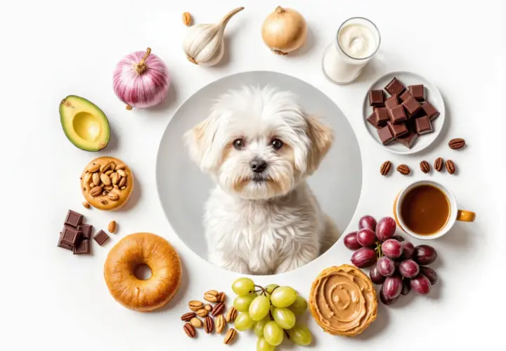 Bichón maltés adorable rodeado de alimentos prohibidos: chocolate, uvas, aguacate, ajo, cebolla, café, lácteos y frutos secos.