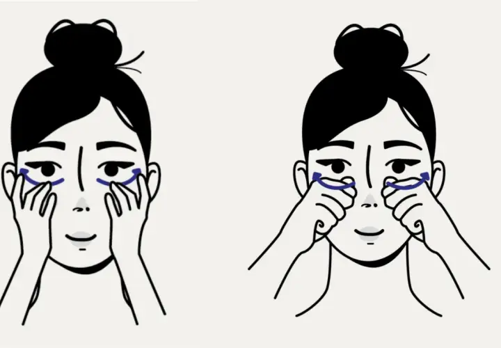 Illustration montrant comment se masser le visage, avec des flèches bleues indiquant les mouvements sous les yeux.