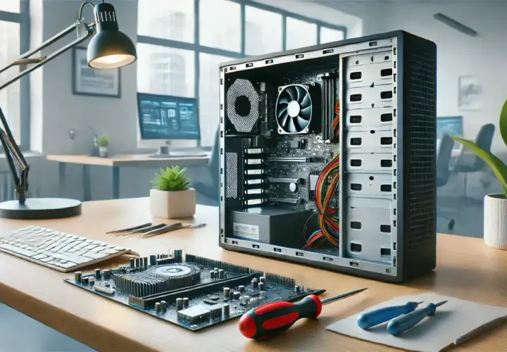 Ein offener PC-Tower, eine Hauptplatine, Werkzeuge und eine Schreibtischlampe auf einem Holztisch. Bereit, die festplatte smart auslesen.