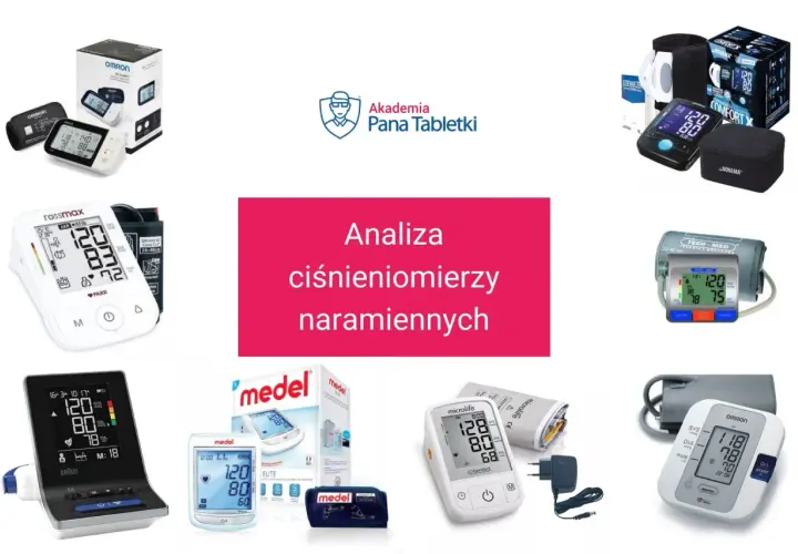 Kolaż zdjęć różnych ciśnieniomierzy naramiennych, w tym marek Omron, Rossmax, Medel, Braun, Tech-Med, Novama i Microlife.