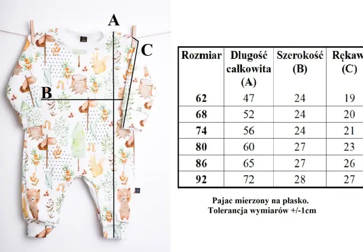 Tabela rozmiarów ubranek dziecięcych z wymiarami: długość całkowita (A), szerokość (B) i rękaw (C). Wymiary podane w cm.