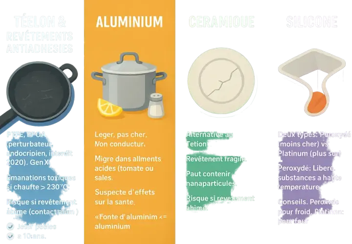Comparaison des ustensiles : Téflon, Aluminium, Céramique, Silicone. Découvrez les meilleurs ustensiles de cuisine pour la santé et leurs risques.