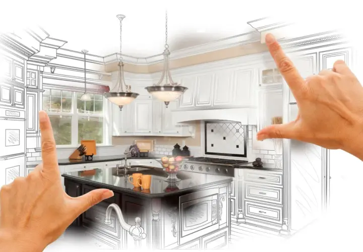 Mains d'un architecte encadrant une cuisine équipée, mêlant esquisse et rendu réaliste. La jurisprudence de la conception de cuisines sur mesure.