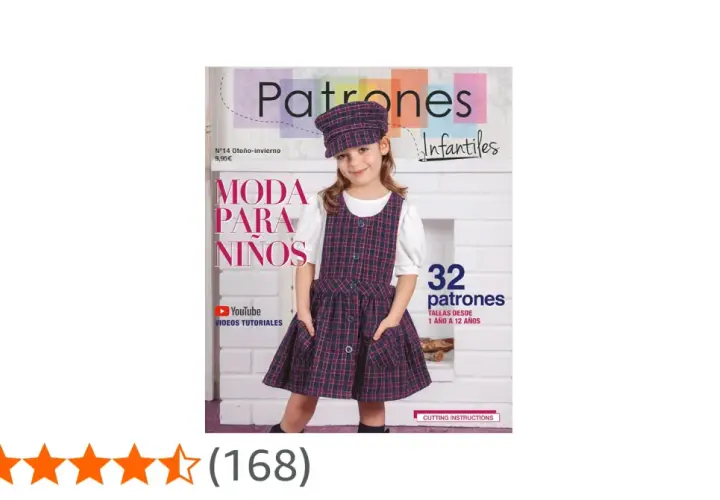 Niña sonriente con vestido de cuadros y gorra, portada de revista "Patrones Infantiles" con 32 plantillas para coser niños de 1 a 12 años.
