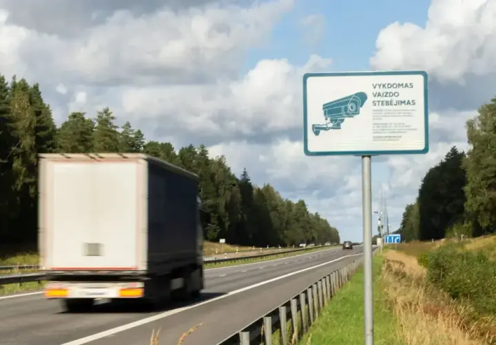 Znak informuje o monitoringu na Litwie. Ciężarówka mija znak z kamerą na autostradzie.