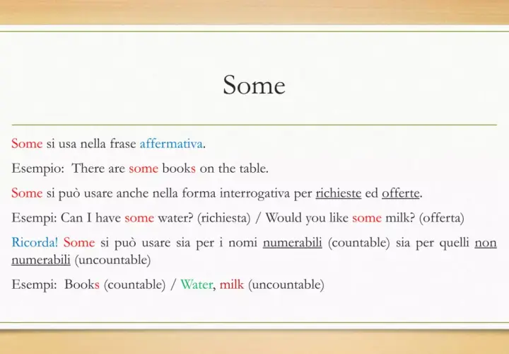 Spiegazione di "some": si usa in frasi affermative, richieste e offerte, sia con nomi numerabili che non numerabili.