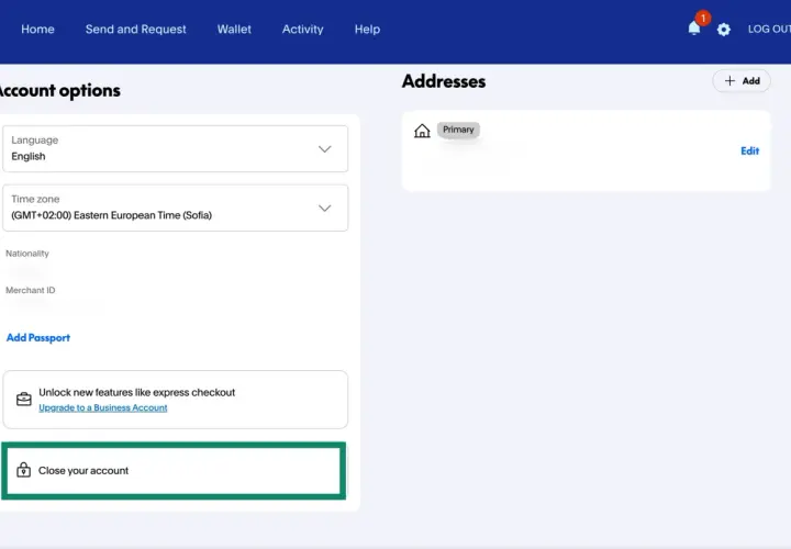 Opcje konta PayPal, gdzie można znaleźć opcję jak usunąć konto Paypo. Widoczna jest też sekcja adresów.