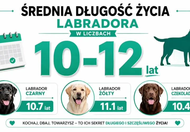 Średnia długość życia labradora to 10-12 lat. Czarny żyje 10.7, żółty 11.1, a czekoladowy 10.4 lat.