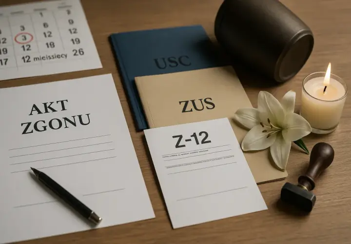 Na stole dokument akt zgonu, obok kalendarz, księgi USC i ZUS, świeca, lilia i pieczęć.