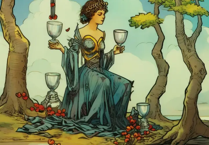 Kobieta w niebieskiej sukni trzyma kielichy, symbolizując 8 pucharów tarot. Otaczają ją drzewa i czerwone owoce.