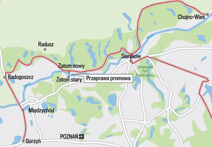 Mapa Puszczy Noteckiej z zaznaczonymi miejscowościami: Radogoszcz, Sieraków, Międzychód, Gorzyń, Chojno-Wieś. Widoczna rzeka Warta.