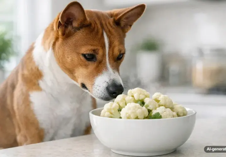 A curious dog sniffs a bowl of cauliflower, wondering if dogs can eat cauliflower.